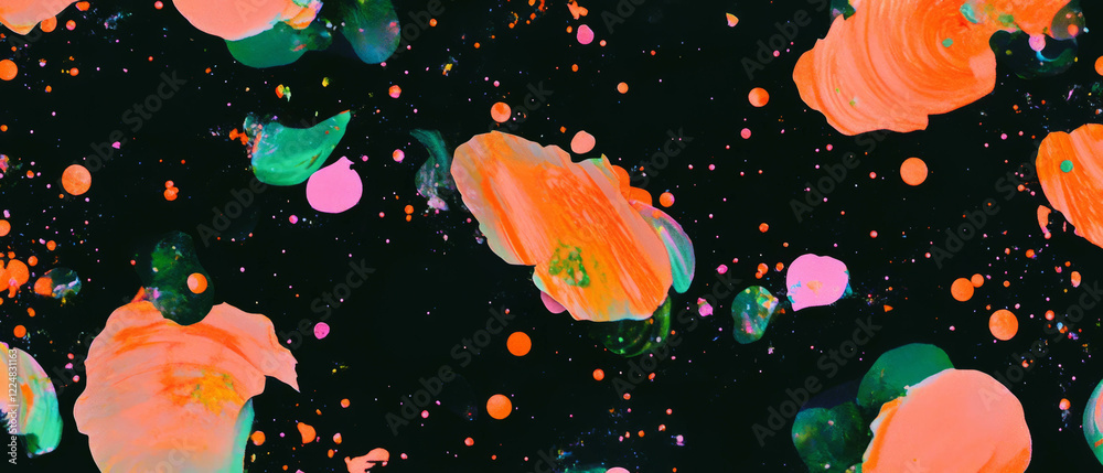 Poster Scattered confetti texture with varied shapes on a black background creating a vibrant atmosphere