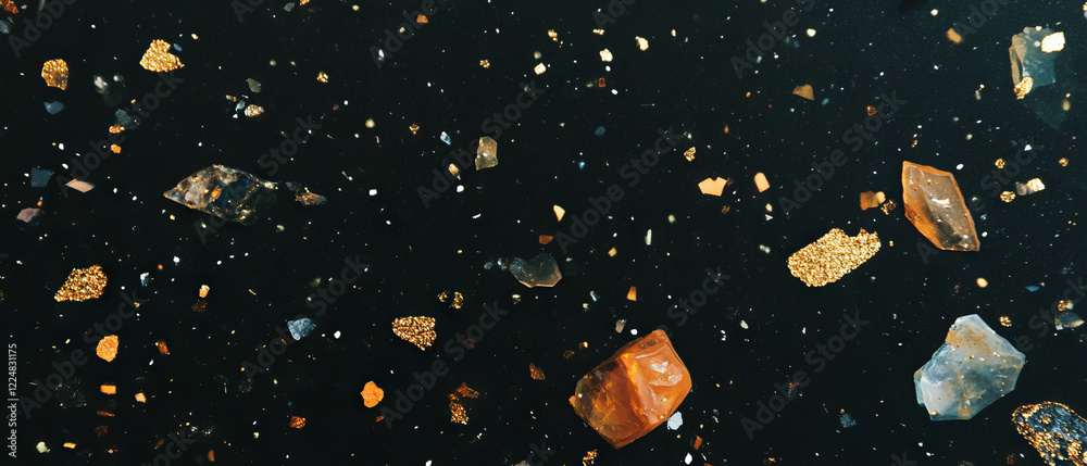 Poster scattered gold confetti texture on black background creating an elegant design effect