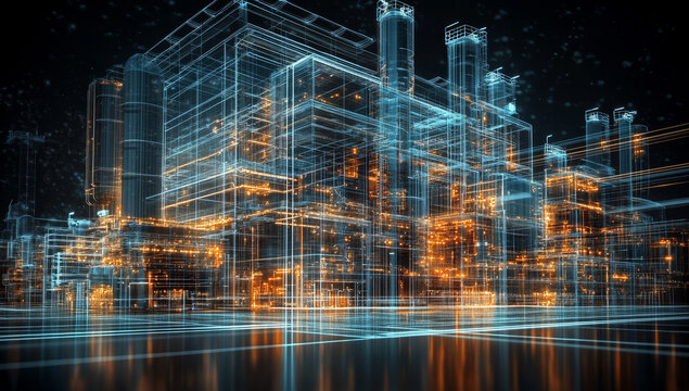 Glowing wireframe industrial complex, futuristic cityscape.