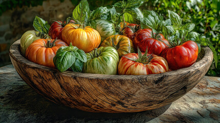 Colorful Heirloom Tomatoes and Fresh Basil in a Rustic Wooden Bowl on a Stone Table Outdoors