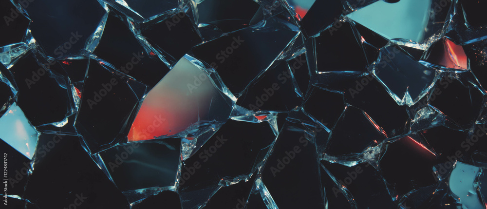 Poster overlay texture of shattered glass pieces on a dark background showcasing unique irregular shapes