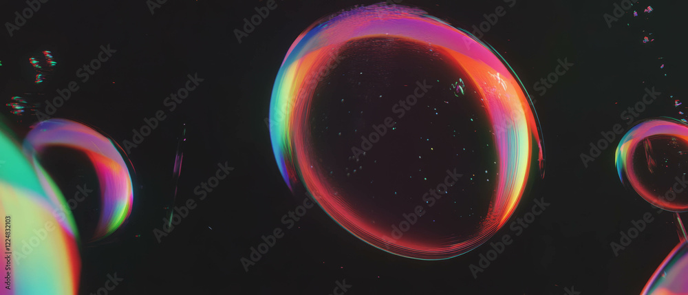 Poster large bubble reflecting light and displaying vibrant rainbow colors against a dark background