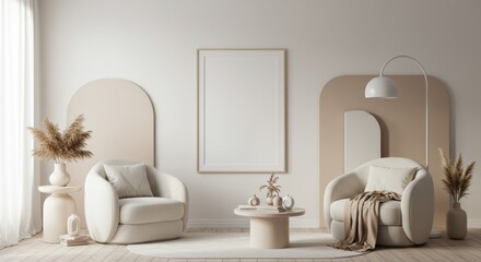 Modern minimalist living room with beige tones and stylish decor elements