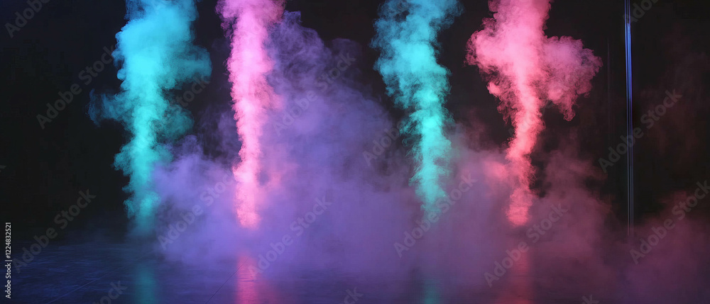Poster smoke creates abstract shapes on stage with artistic composition against a dark background