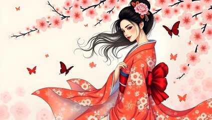 Fototapeta premium A woman in a floral kimono with a gold bow, surrounded by blooming cherry blossoms and red butterflies. Her flowing hair and soft pink background evoke a serene spring atmosphere