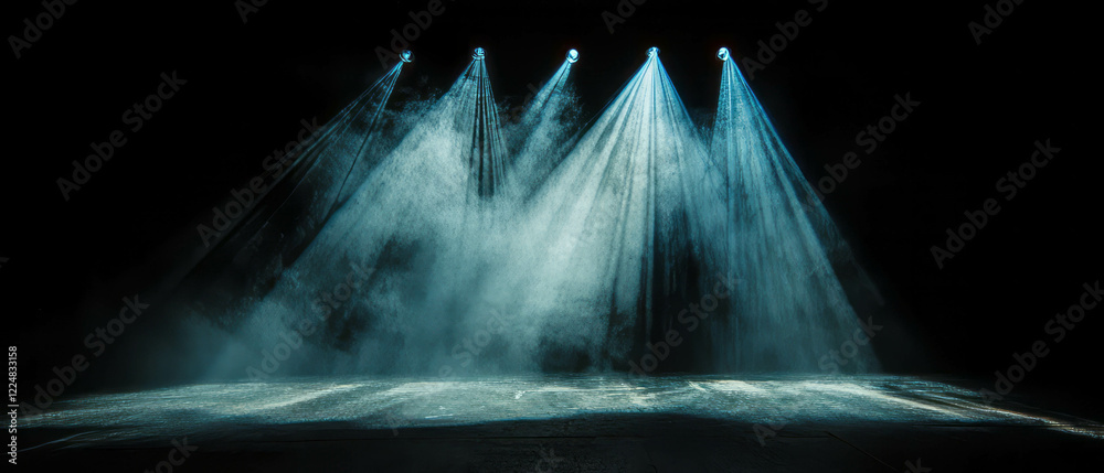 Poster dramatic smoke and light beams create an atmospheric stage setting for performances
