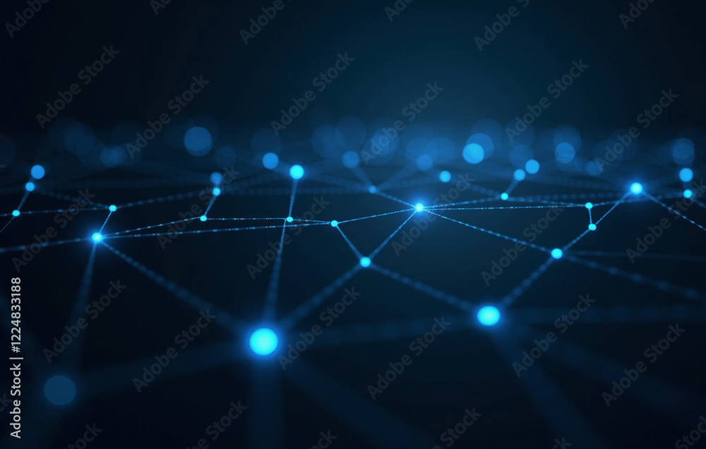 Wall mural abstract digital network with glowing blue lines connecting dynamic nodes on a dark background