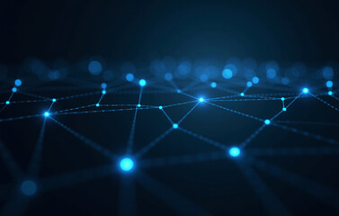 Abstract digital network with glowing blue lines connecting dynamic nodes on a dark background