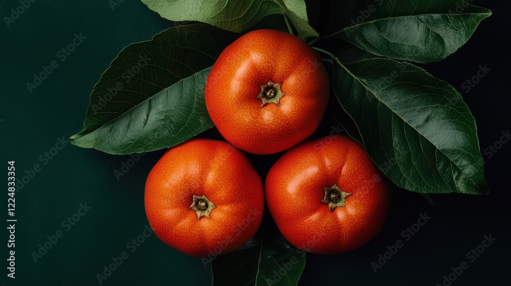 Wall mural Vibrant Red Apples with Lush Green Leaves on Dark Background