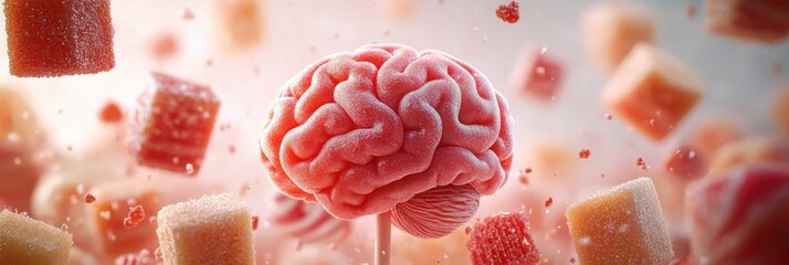 Human brain made of colorful candies. Sugar addiction, unhealthy habits, risks like diabetes and hyperactivity in children and adult