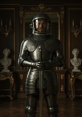 Medieval knight in full armor standing in elegant historical room with classical busts