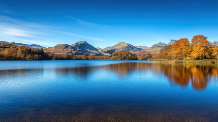 Scenic view of a tranquil lake surrounded by a majestic mountain range under a clear blue sky