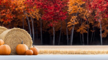 Autumn Harvest Scene with Pumpkins and Hay Bales