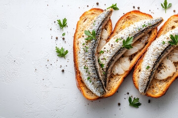 Grilled fish on toasted bread with herbs and pepper.