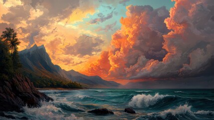 Fototapeta premium Vibrant Tropical Sunset Over Ocean Waves and Mountains