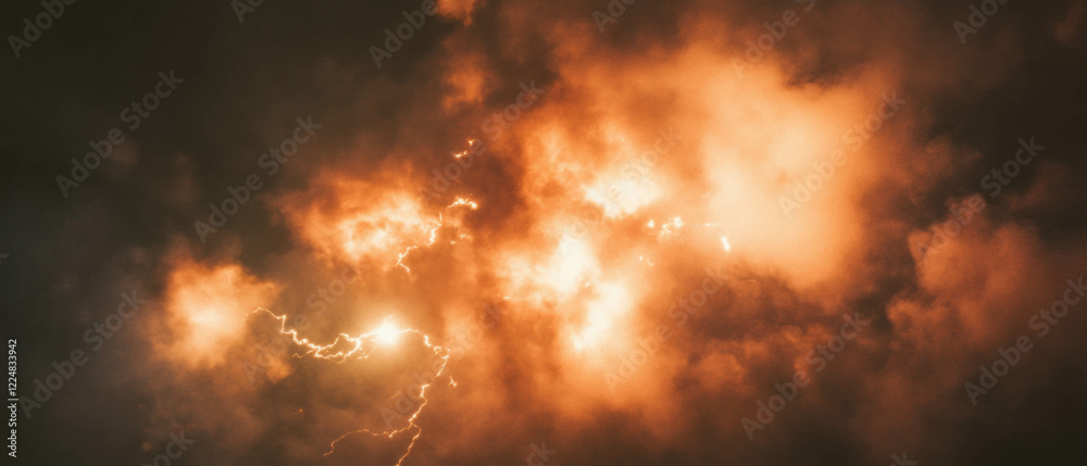 Poster Dramatic lightning and smoke texture creating chaos in a dark environment