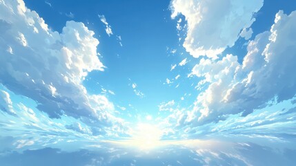 Bright blue sky with fluffy white clouds and the sun shining in a clear atmosphere during the daytime