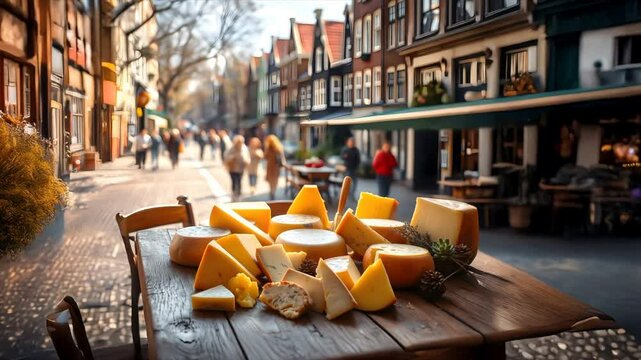 Different kinds of dutch cheese on a wooden table  in a street from a little village in the Netherlands