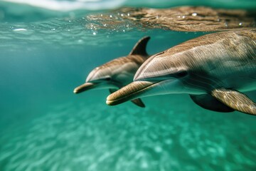 Fototapeta premium close-up of dolphin mother and calf swimming side by side their movements synchronized in clear sunlit water