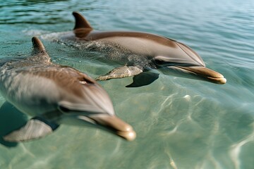 Obraz premium close-up of dolphin mother and calf swimming side by side their movements synchronized in clear sunlit water