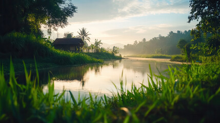 serene river landscape with lush greenery, small house, and morning mist. tranquil scene evokes sense of peace and natural beauty