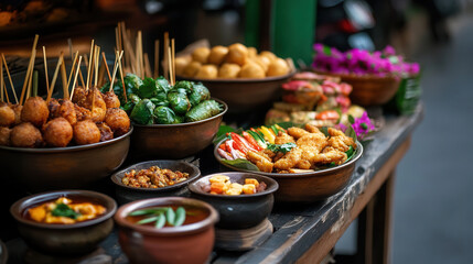 Obraz premium Delicious street food display with various dishes, vibrant colors, and textures