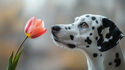 Dalmatian holds pink tulip in its teeth against light gray background