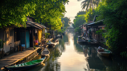 Obraz premium serene canal scene with wooden boats, lush greenery, and traditional houses reflecting in water