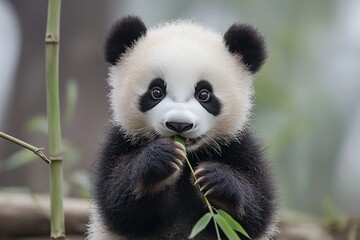 Obraz premium Adorable panda cub munching on bamboo in a serene natural habitat surrounded by greenery
