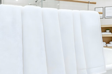 White Towels Hanging on a Wooden Rack in a Bathroom Creating a Clean and Fresh Ambiance