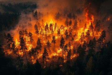 Fototapeta premium Aerial view of wildfire engulfing a forest at night.