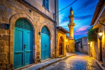Fototapeta premium Nicosia Cyprus Street Scene: Blue Door, Mosque, Low Light Photography