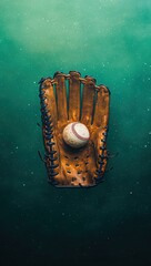 Well Worn Baseball Glove and Ball on Green Background