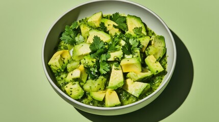 top-down view of bowl of ceviche verde with green tomatillo sauce diced avocado and chunks of marinated fish garnished