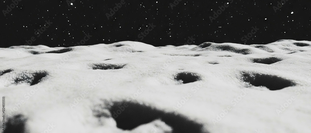 Poster snow covered ground with footprints creating a textured landscape against black background