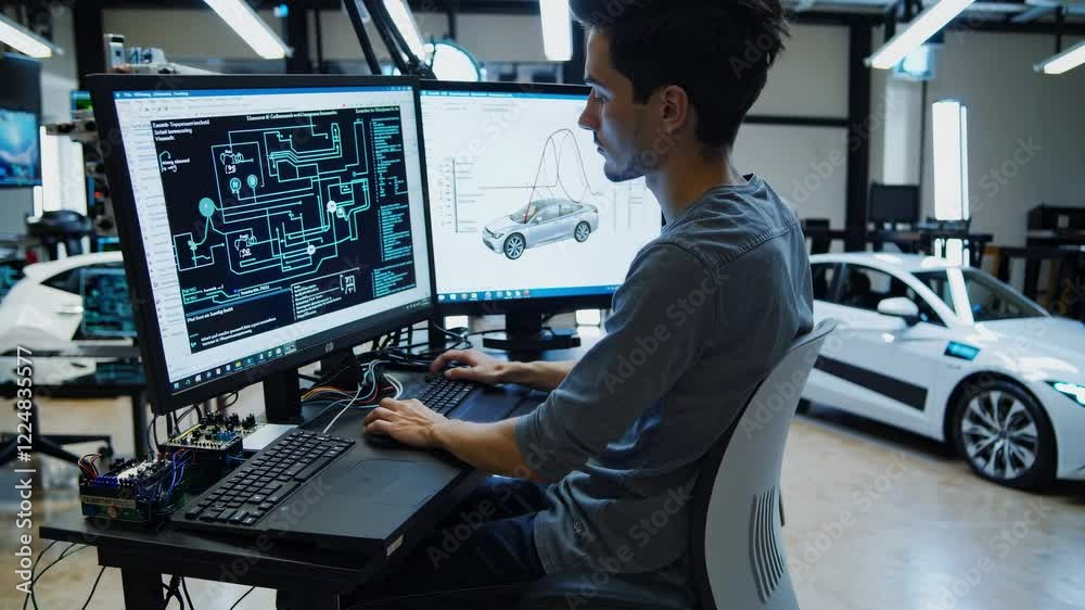 Wall mural automotive engineer working on a computer in a high tech laboratory, developing software for electri