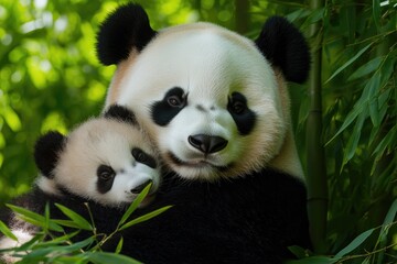 Fototapeta premium mother panda cuddling her cub in bamboo forest surrounded by vibrant green leaves and soft shadows