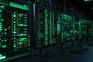 Fototapeta premium sleek workspace featuring ai-driven financial dashboards displayed on modern monitors with glowing interfaces