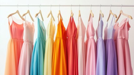 Row of colorful dresses hanging on a rack in a retail clothing store display