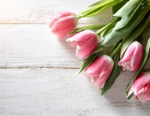 Spring Flat Lay: Pink Tulips on White Rustic Wooden Background with Soft Morning Sunlight and Space for Text