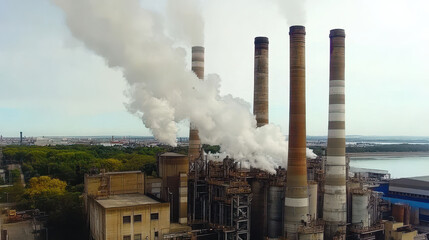 Naklejka premium Industrial Facility With Smoke Emissions Near Water During Daylight Hours