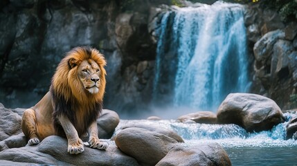 Obraz premium Lion sitting majestically by a serene waterfall, lion, water, powerful, nature, majestic, wild, jungle, wildlife