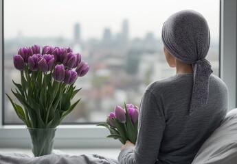 Woman Contemplating City View From Hospital Room Window