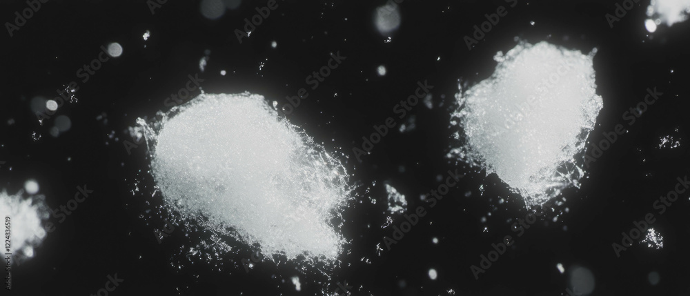 Poster Macro view of intricate snow crystals against a stark black background highlighting unique textures