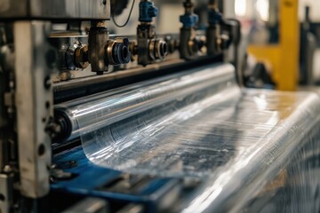 Fototapeta premium Industrial machine rolls transparent plastic film. Shows plastic production, perfect for manufacturing or packaging concepts.