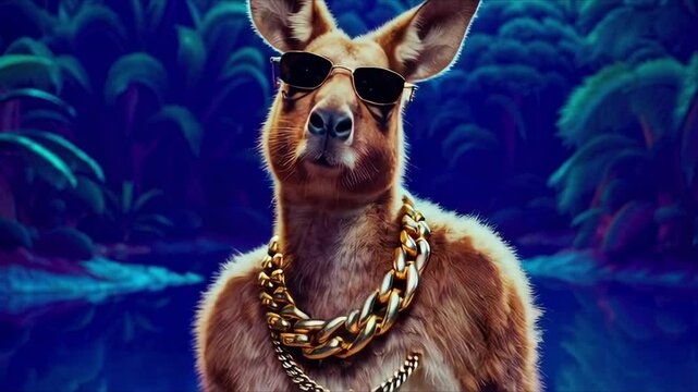 Stylishly accessorized kangaroo wearing oversized gold chain and sunglasses standing confidently amid lush tropical foliage under moonlit night, blending wildlife charm with urban swagger