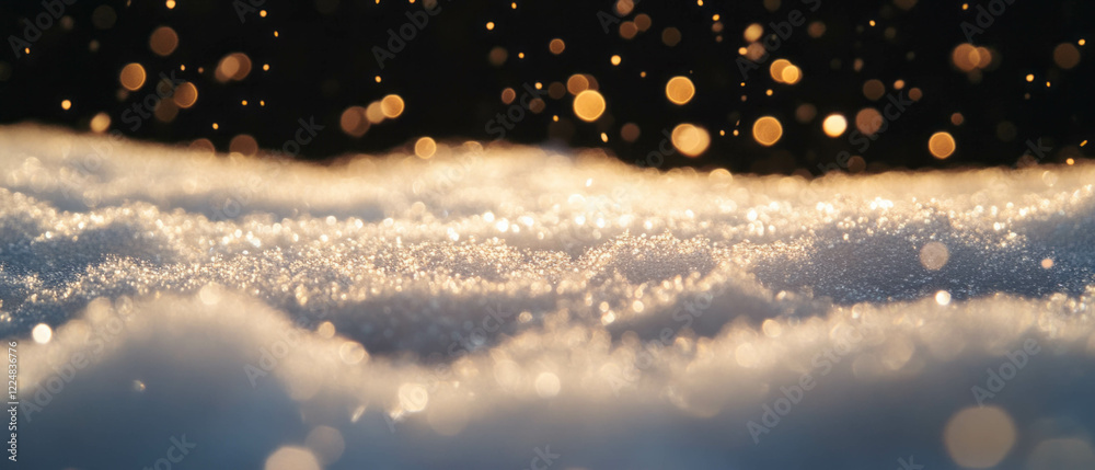 Poster soft snow texture with gentle shimmer and quiet winter stillness against a dark background