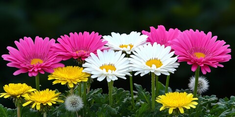 Vibrant Summer Garden Harmony Daisies, Dandelions, Closeu Up Detail, Floral Composition