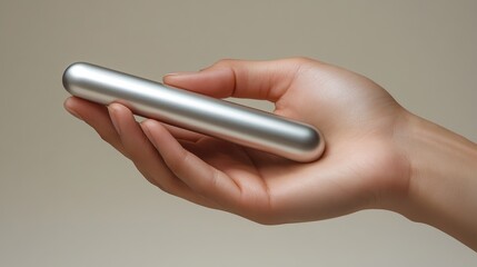 Male hand showcasing a sleek silver nail buffer against a neutral backdrop