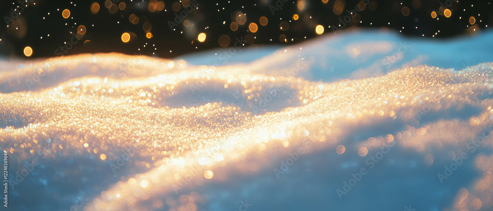 Poster snow overlay illuminated by warm sunlight with a soft golden glow against a dark background